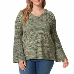 Top 10 ✔️ Jessica Simpson Plus Size Marietta Multi Stripe Print Long Bell Sleeve V-Neck Top Navy Blazer Multi 🧨