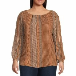 Best Pirce 👏 Jessica Simpson Plus Size Caroline Printed Round Neck Long Split Sleeve Smocked Blouse Dew Stripe 🛒