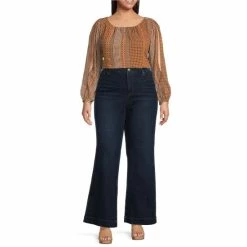 Best Pirce 👏 Jessica Simpson Plus Size Caroline Printed Round Neck Long Split Sleeve Smocked Blouse Dew Stripe 🛒 -Jessica Simpson shop unnamed file 732