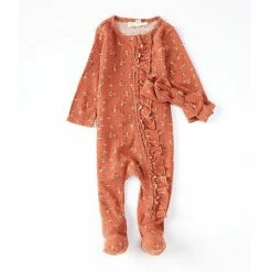 Best Sale 🎁 Jessica Simpson Baby 👧 Girls Newborn-9 Months Long-Sleeve Printed Asymmetrical-Zip Waffle-Knit Footed Coverall Plum ⭐