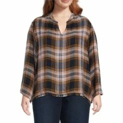 Flash Sale 😍 Jessica Simpson Plus Size Plaid Print Jenna Split-V Neck Long Sleeve Blouse Festive Plaid 😀