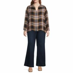 Flash Sale 😍 Jessica Simpson Plus Size Plaid Print Jenna Split-V Neck Long Sleeve Blouse Festive Plaid 😀 -Jessica Simpson shop unnamed file 830