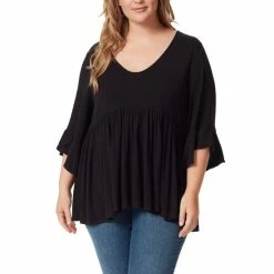 Deals 🔔 Jessica Simpson Plus Size 3/4 Ruffle Sleeve Peplum Hem V-Neck Jersey Top Black 😀