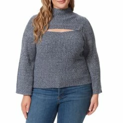 Best Sale 🎉 Jessica Simpson Plus Size Kaida Ribbed Heather Knit Mock Neck Long Sleeve Cut-Out Sweater Navy Blazer ⭐