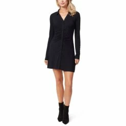 Budget ⭐ Jessica Simpson Cara Long Sleeve Ruched Button Front 👗 Dress Black 😉