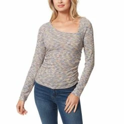 Top 10 💯 Jessica Simpson Perry Space-Dyed Long-Sleeve Ruched Bodycon Top Space Dye Multi 🔥