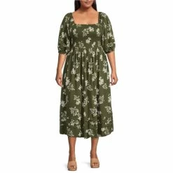 Hot Sale 👍 Jessica Simpson Plus Size Floral Print Square Neck Smocked 3/4 Elbow Sleeve Tiered Hem Midi 👗 Dress Floral Grape 👍