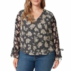 Best Sale 🥰 Jessica Simpson Plus Size Aurora Floral Print Woven Chiffon V-Neck Long Tie Cuff Sleeves Blouse Drafted Florets 🤩