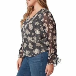 Best Sale 🥰 Jessica Simpson Plus Size Aurora Floral Print Woven Chiffon V-Neck Long Tie Cuff Sleeves Blouse Drafted Florets 🤩 -Jessica Simpson shop unnamed file 911