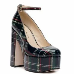 Promo ✔️ Jessica Simpson Macee Plaid Patent Ankle Strap Platform Pumps Green Collegiate Plaid ❤️