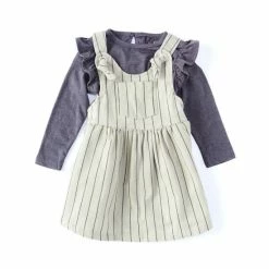 Best Pirce 🎉 Jessica Simpson Baby 👧 Girls 12-24 Months Sleeveless Striped Twill Jumper 👗 Dress & Long-Sleeve Tee Set Olive 🧨
