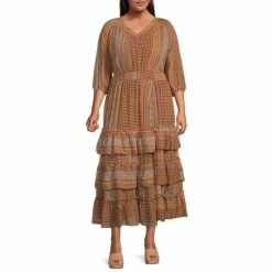 Best Pirce 🎁 Jessica Simpson Plus Size Kelley Printed V-Neck 3/4 Puff Sleeve Smocked Waist Tiered Ruffle Hem Maxi 👗 Dress Dew Stripe/clay ⌛