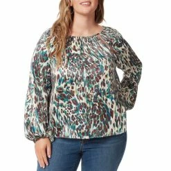 Best Pirce 🎁 Jessica Simpson Layla Plus Size Cheetah Print Round Neck Cut-Out Detail Long Sleeve Top Cheetah Fern- Powder Puff 😉