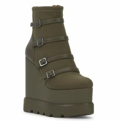 Top 10 👏 Jessica Simpson Chaela Combat Buckle Straps Platform Wedge Booties Uniform Green 🛒